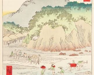 LOT 310: UTAGAWA HIROSHIGE "OKITSU - TOKAIDO" WOODBLOCK PRINT