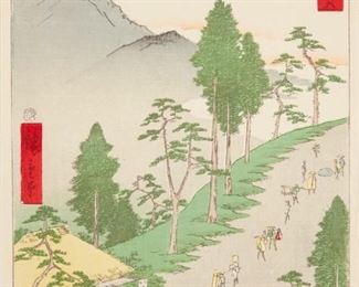 LOT 312: UTAGAWA HIROSHIGE "NISSAKA - TOKAIDO" WOODBLOCK PRINT
