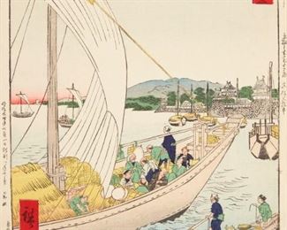 LOT 320: UTAGAWA HIROSHIGE "KUWANA - TOKAIDO" WOODBLOCK PRINT