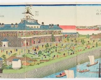 LOT 330: UTAGAWA KUNITERU II "PLAN OF HOTEL YEDO T'SKEGE" WOODBLOCK PRINT TRIPTYCH