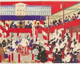 LOT 331: PAIR OF UTAGAWA YOSHIFUJI SUMO USAGI RABBIT WOODBLOCK PRINTS