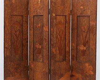 LOT 338: CARVED WOOD FOUR PANEL FOLDING SCREEN