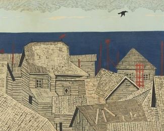 LOT 334: FUMIO KITAOKA ROOFTOPS WOODBLOCK PRINT 1958