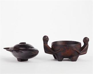 LOT 372: IFUGAO LUZON FIGURE WOOD BOWL + AFRICAN FISH BOWL