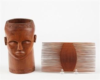 LOT 373: KUBA HEAD PALM WINE CUP + AFRICAN COMB