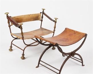 LOT 406: 19TH CENTURY ITALIAN BAROQUE STYLE FOLDING CHAIR & OTTOMAN