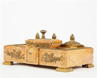 LOT 408: FRENCH EMPIRE NEOCLASSICAL SIENNA MARBLE DESK SET
