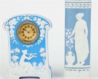LOT 413: SCHAFER & VATER JASPERWARE STYLE GERMAN VASE & CLOCK