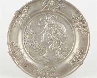 LOT 429: CHARLES DESVERGNES FRUIT GIRL PEWTER PLAQUE