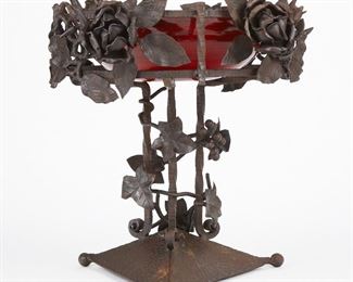 LOT 431: HAND WROUGHT IRON TAZZA WITH ROSES