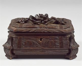 LOT 437: BLACK FOREST CARVED WOOD JEWELRY BOX CASKET