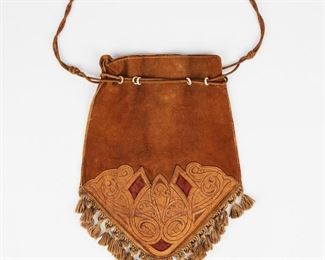 LOT 441: ARTS & CRAFTS LEATHER SUEDE HANDBAG