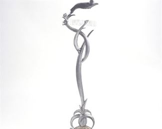 LOT 446: ARTS & CRAFTS DEER METAL STAND W/ LALIQUE GLASS ASHTRAY