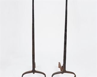 LOT 448: PAIR OF 39 IN HAND WROUGHT IRON ANDIRONS