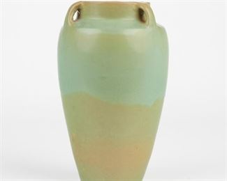 LOT 487: RHEAD SANTA BARBARA MATTE GREEN 3-HDLD VASE - 11 INCHES