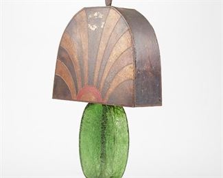 LOT 526: PAINTED ART DECO MICA SHADE ON GLASS BASE