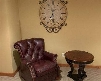 Quality leather club chairs throughout. Chair: La-Z-Boy brand 3ft 4in tall x 3ft 6in deep x 2.5ft wide.  $450           Manchester Clock Co.: 3ft 8in  x 2ft 8in. ( priced in another photo)  Side table: 2.5ft diameter x 2ft high