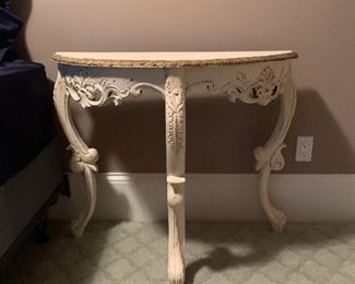 one of 2 French demilune console tables 30 inches tall 36 inches wide and 17 inches deep $119 each
