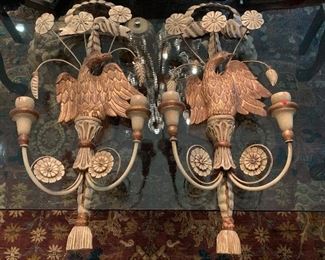 Pair of Neoclassical wall sconces signed Made in Spain 27.5 inches tall and 11 inches across. $495.00