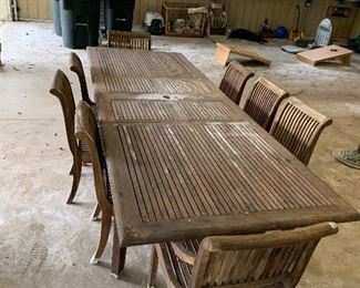 Smith & Hawken: 9ft 9in long extended ; 6ft long short x 3ft 4in x 2ft 8in tall 
Chairs: 3ft tall x 1ft 9in wide x 1ft 9in seat depth. $1000