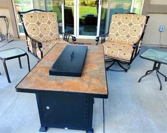 Christy Sport patio swivel chairs. fire table NFS