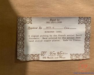 Signed Etching "BURGONDY CANAL" by HENRI JOURDAIN