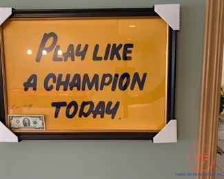 NOTRE DAME "Play Like a Champion Today" Signed by LOU HOLTZ