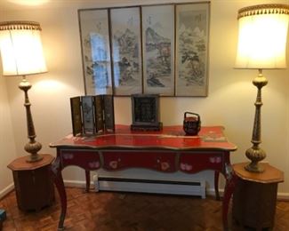 Beautiful red lacquer table, with lamps that appear to be cloissone' .  Four panel screen print  individually framed.  Set of two octagonal hand carved tables. 