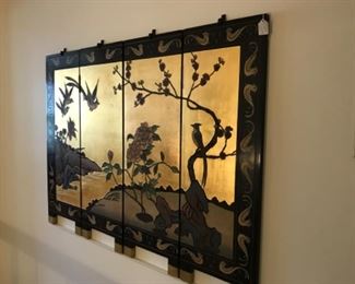 4 panel wall screen. Lacquer with gold motif. 