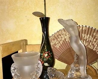 Lalique Nude Sculpture, Lalique Vase & Waterford butterfly.