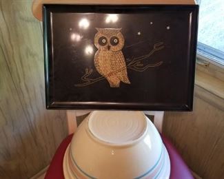 Large striped mixing bowl, owl tray