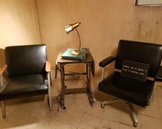 MCM office chairs, industrial typewriter table, vintage paper cutter, vintage desk lamp