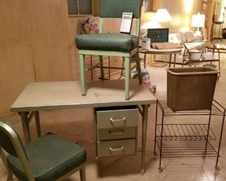 Industrial desk, industrial chairs and wastebasket