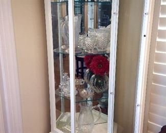 lighted white display cabinet, crystal & glass