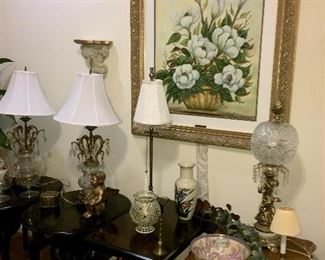 Hollywood Regency lamps, end tables, Alabama artist Helen Brown paintings