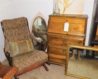 Vintage platform rocker. Antique mirror. Secretary/chest.