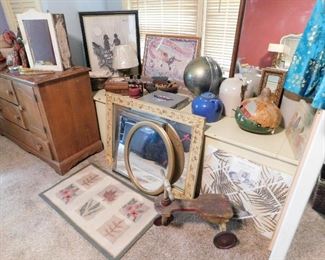 Miscellaneous stuff! Antique mirrors, blue crockery pot, old wooden riding toy, old medicine cabinet, etc.