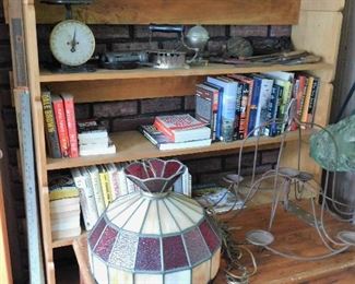 Primitives, books on WWII, vintage stained/slag glass light fixture.