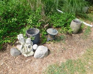 Concrete garden statue, two slag buckets from a copper foundry, cast iron garden lantern.