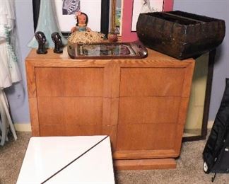 Mid Century Modern oak 3 drawer chest. MCM triangle tables; iron and Formica. Hand crafted Hawaiian Koa wood tray and hula doll. 