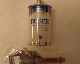 SMALLS Area-CASE:  Not old but collectible:  A small BUSCH beer can BIC lighter holder (it has a non-working BIC lighter in it now but you can put it in a new one); newer BUSCH beer mountain guitar shape bottle opener.