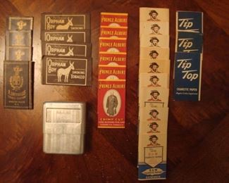 SMALLS  Area-CASE:  These 27 vintage packs of cigarette papers were temporarily removed from the STUD cloth pouch shown in the previous photo.  The vintage aluminum cigarette case is by PARK SHERMAN CO., Springfield, IL. 