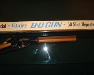 SMALLS Area:  "Careful...you'll shoot your eye out!!!!"  This Special DAISY BB Gun is a 50 shot repeater and has its original box.