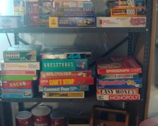 Lower Level:  Puzzles, board games, playing cards, coffee cans full of plastic poker chips and more!