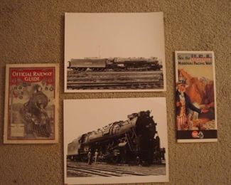 SMALLS Area: A vintage "OFFICIAL RAILWAY Guide to the Rocky Mountains" and a vintage MISSOURI Pacific West (MOPAC) Map flank a couple of old black & white train photos.  Each item is separately priced.