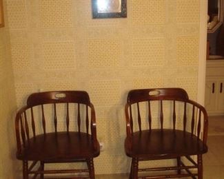 Lower Level:  Two wooden chairs with spindle backs are below a long narrow mirror. Each item is separately priced.  