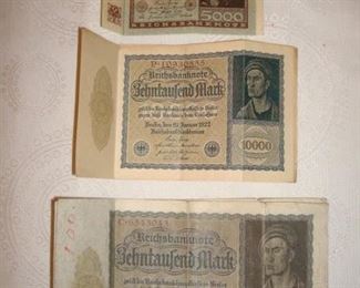 Near Cashier:  Very collectible:   Lot of German "Reichsbanknotes" --  Berlin, Germany - 1922
-Two LARGE 10,000 notes (January, 1922)
-Three smaller 10,000 notes (January, 1922)
-One smaller 5,000 note (December, 1922)

