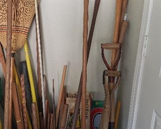 shovels, rake, vintage scythe