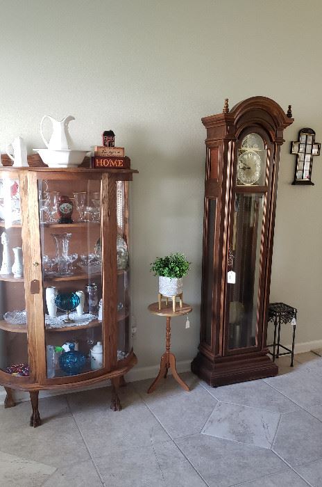 Oak bow front curio, Westminister grandfather clock