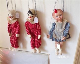 1938 Effanbee marionette puppets, Emily Ann & clowns